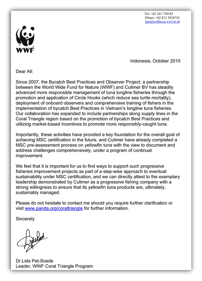 WWF Culimer support letter